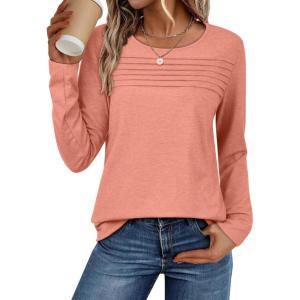 imageATHMILE Long Sleeve Shirts for Women Fall Fashion Tops 2025 Dressy Casual Blouses Trendy Pleated Tunic OutfitsCoral