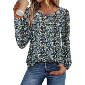 imageATHMILE Long Sleeve Shirts for Women Fall Fashion Tops 2025 Dressy Casual Blouses Trendy Pleated Tunic OutfitsFloral Blue