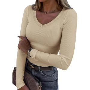 imageATHMILE Women Short Sleeve V Neck Ribbed Knit Fitted Shirts Basic Tees Tops 2025 Summer Casual TShirts Going Out OutfitsLapricot