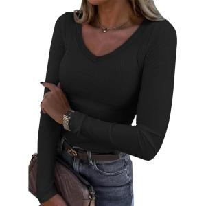imageATHMILE Women Short Sleeve V Neck Ribbed Knit Fitted Shirts Basic Tees Tops 2025 Summer Casual TShirts Going Out OutfitsLblack