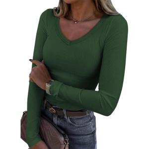 imageATHMILE Women Short Sleeve V Neck Ribbed Knit Fitted Shirts Basic Tees Tops 2025 Summer Casual TShirts Going Out OutfitsLdark Green
