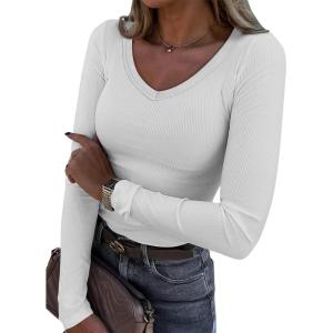 imageATHMILE Women Short Sleeve V Neck Ribbed Knit Fitted Shirts Basic Tees Tops 2025 Summer Casual TShirts Going Out OutfitsLwhite