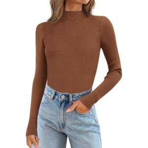 imageATHMILE Womens 2025 Fall Long Sleeve Pullover Ribbed Knit Sweater Low Mock Neck Slim Fit Basic Casual Tee TopsBrown