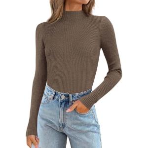 imageATHMILE Womens 2025 Fall Long Sleeve Pullover Ribbed Knit Sweater Low Mock Neck Slim Fit Basic Casual Tee TopsCoffee