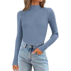 imageATHMILE Womens 2025 Fall Long Sleeve Pullover Ribbed Knit Sweater Low Mock Neck Slim Fit Basic Casual Tee TopsDusty Blue