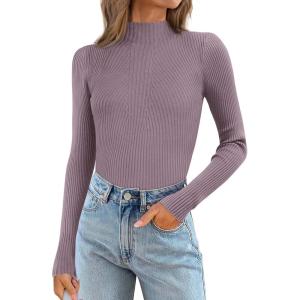 imageATHMILE Womens 2025 Fall Long Sleeve Pullover Ribbed Knit Sweater Low Mock Neck Slim Fit Basic Casual Tee TopsGray Purple