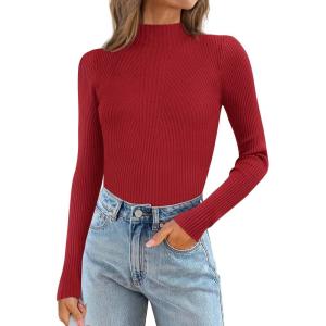 imageATHMILE Womens 2025 Fall Long Sleeve Pullover Ribbed Knit Sweater Low Mock Neck Slim Fit Basic Casual Tee TopsRed