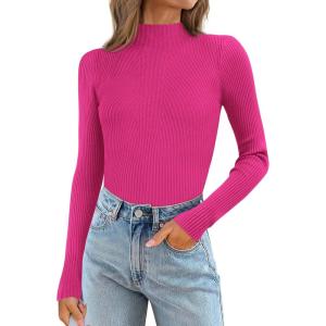 imageATHMILE Womens 2025 Fall Long Sleeve Pullover Ribbed Knit Sweater Low Mock Neck Slim Fit Basic Casual Tee TopsRose Red