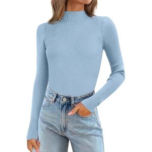 imageATHMILE Womens 2025 Fall Long Sleeve Pullover Ribbed Knit Sweater Low Mock Neck Slim Fit Basic Casual Tee TopsSky Blue