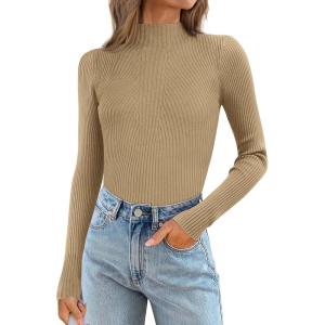 imageATHMILE Womens 2025 Fall Long Sleeve Pullover Ribbed Knit Sweater Low Mock Neck Slim Fit Basic Casual Tee TopsToffee