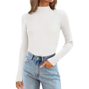 imageATHMILE Womens 2025 Fall Long Sleeve Pullover Ribbed Knit Sweater Low Mock Neck Slim Fit Basic Casual Tee TopsWhite