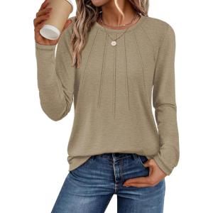 imageATHMILE Womens Long Sleeve Shirts Pleated Business Casual Basic Tunic Tops Fall Tees ClothesKhaki