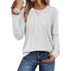 imageATHMILE Womens Long Sleeve Shirts Pleated Business Casual Basic Tunic Tops Fall Tees ClothesWhite