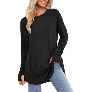 imageATHMILE Womens Tunic Tops to Wear with Leggings Fall Long Sleeve Thumb Hole Shirts Crew Neck Curved Hem Fashion Clothes 2025Black