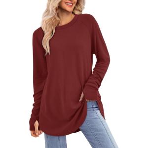 imageATHMILE Womens Tunic Tops to Wear with Leggings Fall Long Sleeve Thumb Hole Shirts Crew Neck Curved Hem Fashion Clothes 2025Wine Red