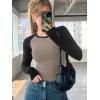 imageATHMILE Womens Short SleeveLong Sleeve Cropped Tops Slim Fit Stretchy Color Block Slightly Shirts Y2k Fashion Clothes2mocha Black Combo