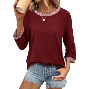 imageATHMILE Womens 34 Length Sleeve Tops Dressy Casual Striped Crew Neck Fall T Shirts Spring Blouse Summer TunicsWine Red