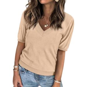 imageATHMILE Short Sleeve V Neck Sweaters Dressy Casual Blouses Lightweight Thin Knit Fashion Shirts Summer Tops for WomenApricot