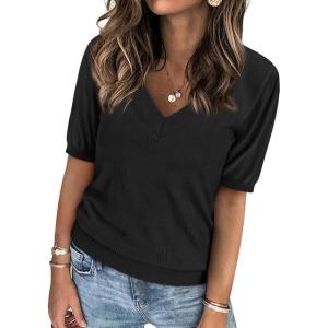imageATHMILE Short Sleeve V Neck Sweaters Dressy Casual Blouses Lightweight Thin Knit Fashion Shirts Summer Tops for WomenBlack