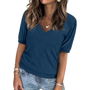 imageATHMILE Short Sleeve V Neck Sweaters Dressy Casual Blouses Lightweight Thin Knit Fashion Shirts Summer Tops for WomenDark Blue