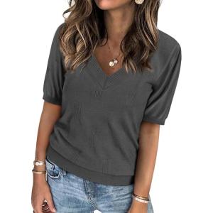 imageATHMILE Short Sleeve V Neck Sweaters Dressy Casual Blouses Lightweight Thin Knit Fashion Shirts Summer Tops for WomenDark Grey