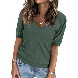 imageATHMILE Short Sleeve V Neck Sweaters Dressy Casual Blouses Lightweight Thin Knit Fashion Shirts Summer Tops for WomenGrey Green