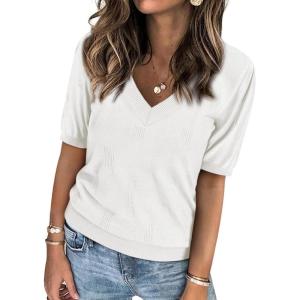 imageATHMILE Short Sleeve V Neck Sweaters Dressy Casual Blouses Lightweight Thin Knit Fashion Shirts Summer Tops for WomenWhite