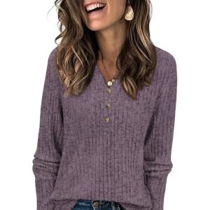 imageATHMILE Sweaters for Women Fashion Fall Outfits Long Sleeve Tops Pullover V Neck Casual Loose SweatshirtPurple