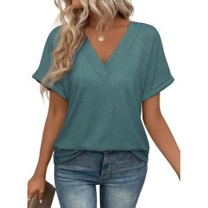 imageATHMILE V Neck T Shirts for Women Summer Tops Soft Casual Short Sleeve Cute Basic Trendy Outfits 2025Blue