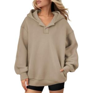 imageATHMILE Womens Oversized Hoodies V Neck Sweatshirts Y2K Clothes Long Sleeve Pullover Fall Winter Fashion Henley Outfits 2025Coffee Grey