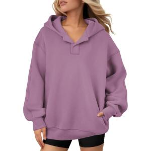 imageATHMILE Womens Oversized Hoodies V Neck Sweatshirts Y2K Clothes Long Sleeve Pullover Fall Winter Fashion Henley Outfits 2025Dark Pink
