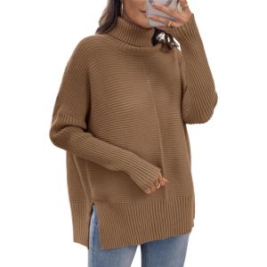 imageATHMILE Womens Oversized Turtleneck Sweaters Fall Fashion Outfits Batwing Sleeve Ribbed Tunic Winter Clothes 2025Dark Apricot