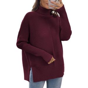 imageATHMILE Womens Oversized Turtleneck Sweaters Fall Fashion Outfits Batwing Sleeve Ribbed Tunic Winter Clothes 2025Wine Red