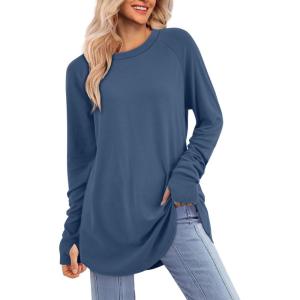 imageATHMILE Womens Tunic Tops Long Sleeve Thumb Hole Shirts Fall Sweater Crew Neck Winter Fashion Clothes 2025Blue
