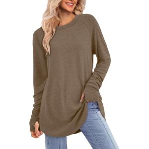 imageATHMILE Womens Tunic Tops Long Sleeve Thumb Hole Shirts Fall Sweater Crew Neck Winter Fashion Clothes 2025Coffee
