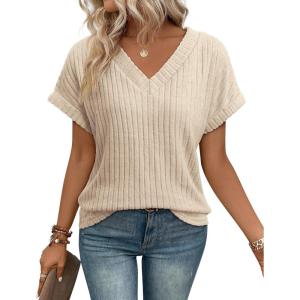 imageATHMILE Womens Tops Summer Sweaters V Neck Short Sleeve Shirts Fashion Dressy Casual Business Tunic BlousesApricot