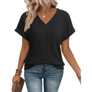 imageATHMILE Womens Tops Summer Sweaters V Neck Short Sleeve Shirts Fashion Dressy Casual Business Tunic BlousesBlack