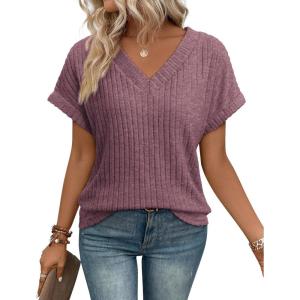 imageATHMILE Womens Tops Summer Sweaters V Neck Short Sleeve Shirts Fashion Dressy Casual Business Tunic BlousesBurgundy