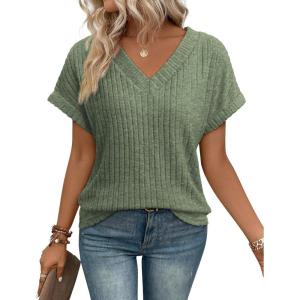 imageATHMILE Womens Tops Summer Sweaters V Neck Short Sleeve Shirts Fashion Dressy Casual Business Tunic BlousesGreen