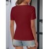 imageATHMILE Womens Summer Short Sleeve V Neck Ribbed Knit Button Tunic Henley Solid Color Trendy BasicTeeWinered