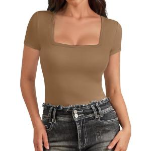 imageATHMILE Modal Short Sleeve Shirts for Women 2025 Fashion Square Neck Basics Slim Fitted TopsCoffee