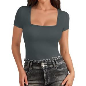 imageATHMILE Modal Short Sleeve Shirts for Women 2025 Fashion Square Neck Basics Slim Fitted TopsDarkgrey