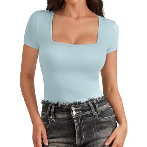 imageATHMILE Modal Short Sleeve Shirts for Women 2025 Fashion Square Neck Basics Slim Fitted TopsSkyblue