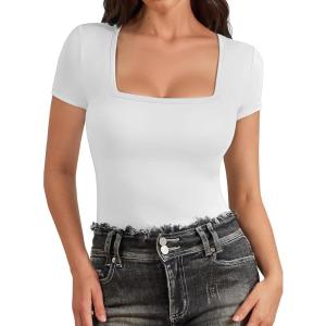 imageATHMILE Modal Short Sleeve Shirts for Women 2025 Fashion Square Neck Basics Slim Fitted TopsWhite