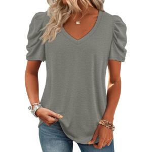 imageATHMILE Womens Blouse Dressy Casual V Neck Puff Short Sleeve Tshirts Boho Fashion Summer Spring Tunic Top ClothesGrey