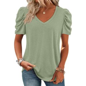 imageATHMILE Womens Blouse Dressy Casual V Neck Puff Short Sleeve Tshirts Boho Fashion Summer Spring Tunic Top ClothesGrey Green