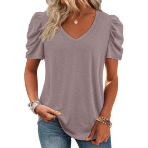 imageATHMILE Womens Blouse Dressy Casual V Neck Puff Short Sleeve Tshirts Boho Fashion Summer Spring Tunic Top ClothesGrey Purple