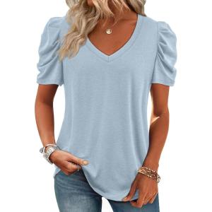 imageATHMILE Womens Blouse Dressy Casual V Neck Puff Short Sleeve Tshirts Boho Fashion Summer Spring Tunic Top ClothesIce Blue