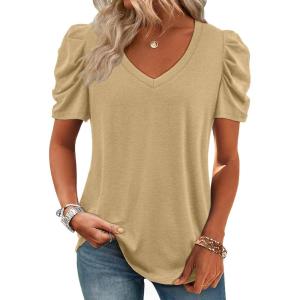 imageATHMILE Womens Blouse Dressy Casual V Neck Puff Short Sleeve Tshirts Boho Fashion Summer Spring Tunic Top ClothesKhaki