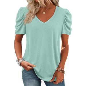 imageATHMILE Womens Blouse Dressy Casual V Neck Puff Short Sleeve Tshirts Boho Fashion Summer Spring Tunic Top ClothesLake Green